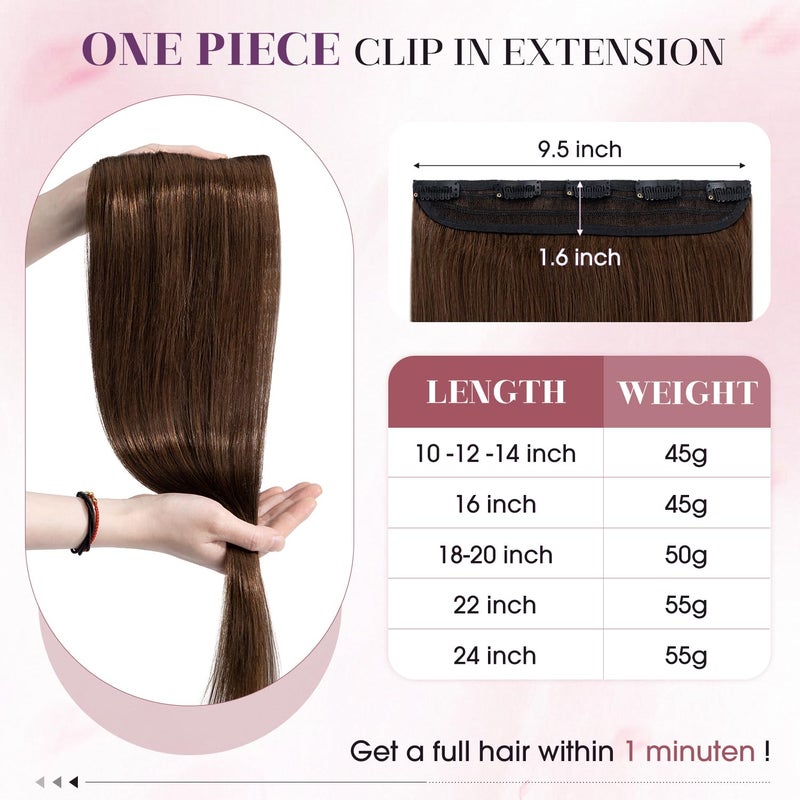 S-noilite Clip in Human Hair Extensions One Piece 5 Clips 3/4 Full Head Clip on Remy Hair Extension For Women Lighter One-Piece Design 18Inch 50g Medium Brown - Image 5